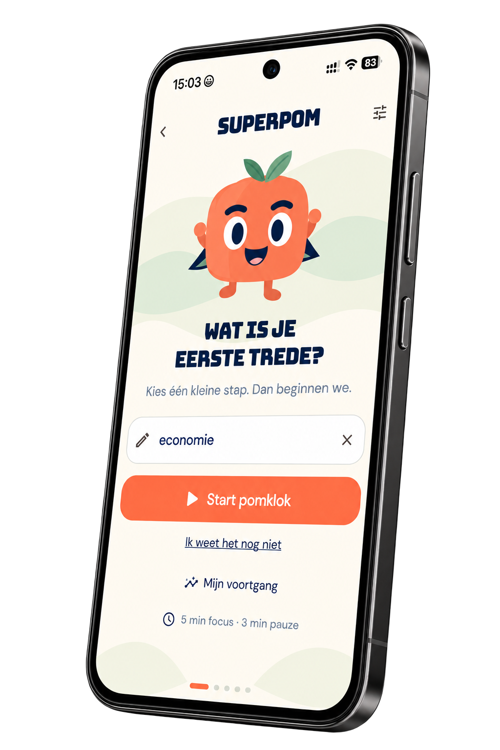 Superpom op een telefoon met de vraag wat is je eerste trede